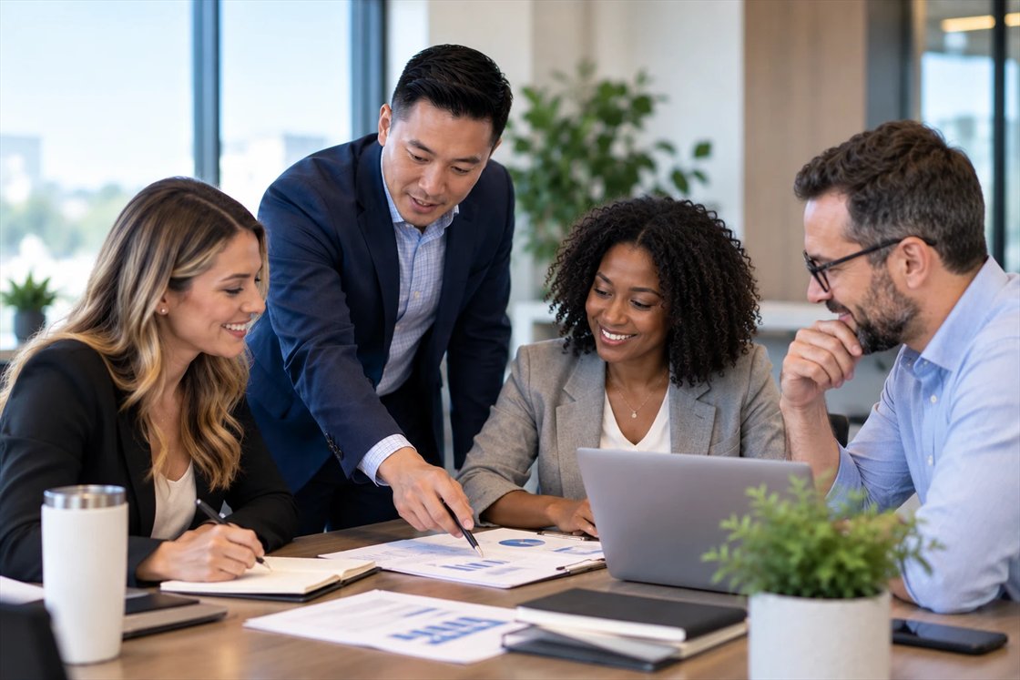 Four colleagues around a conference table reviewing charts and documents together as one stands and points.