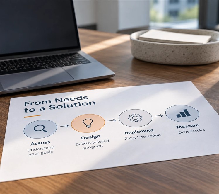 A printed &ldquo;From Needs to a Solution&rdquo; diagram with four steps&mdash;Assess, Design, Implement and Measure&mdash;on a desk beside a laptop and notebook.