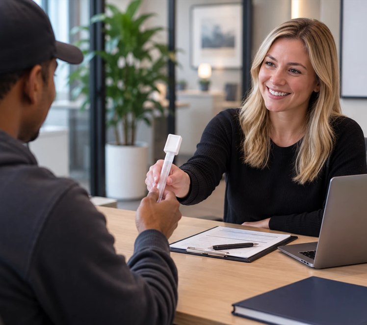 A smiling team member hands an oral drug test kit to a candidate across a desk.