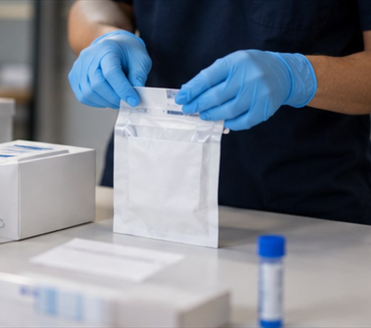 Gloved hands opening a sealed sample bag beside collection kit boxes.