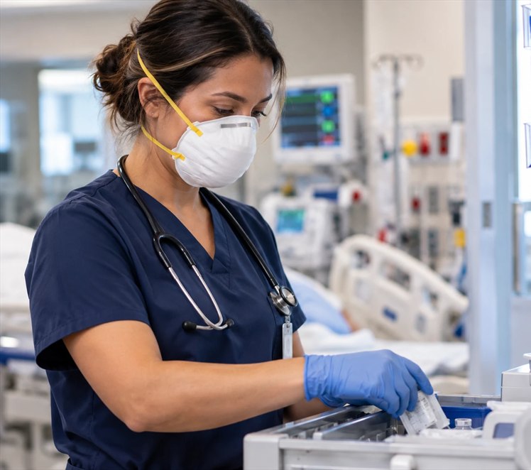 A clinician wearing an N95 respirator and gloves while working in a hospital care unit.