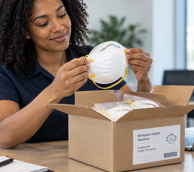 A team member smiling as she takes an N95 respirator out of a newly delivered box of supplies.
