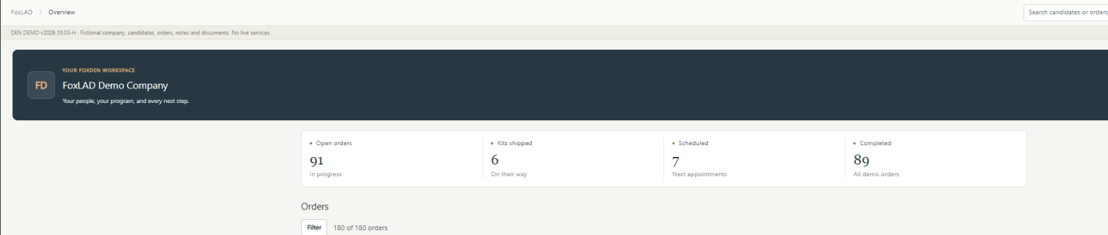 Cropped FoxDen client Dashboard preview showing the demo workspace and order summary cards.