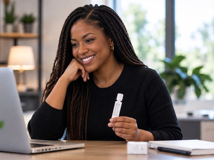 A candidate smiling at a laptop while holding a test collection device during a remote screening session.