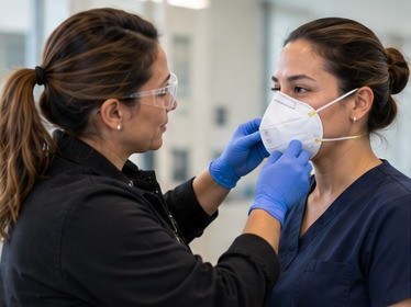 A technician in gloves checking the fit of a respirator on a colleague.