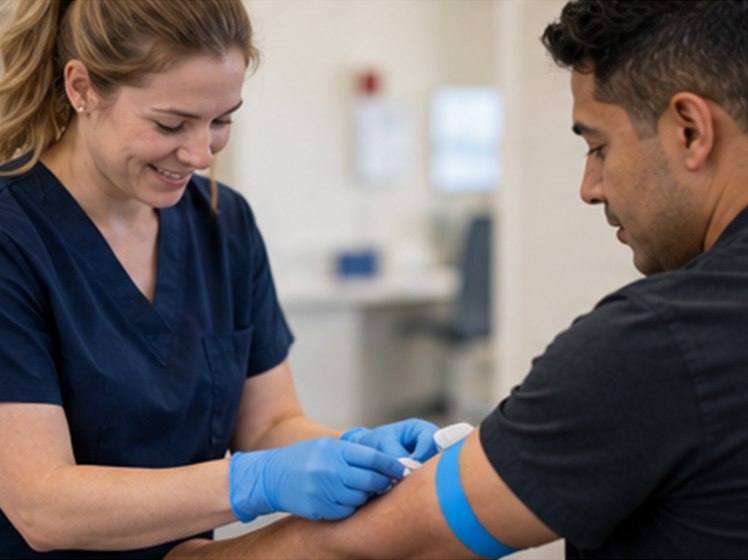 A healthcare professional preparing to draw blood from a patient&rsquo;s arm.