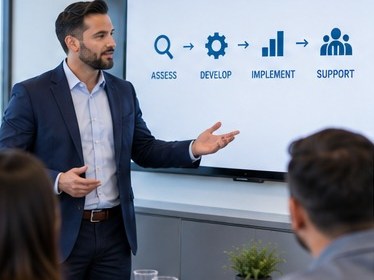 A consultant presenting an assess, develop, implement, support process to colleagues.