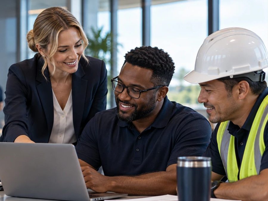 A manager, a colleague and a field worker in a hard hat smiling as they work together at a laptop.