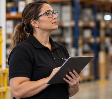 A warehouse supervisor in glasses reviewing information on a tablet.