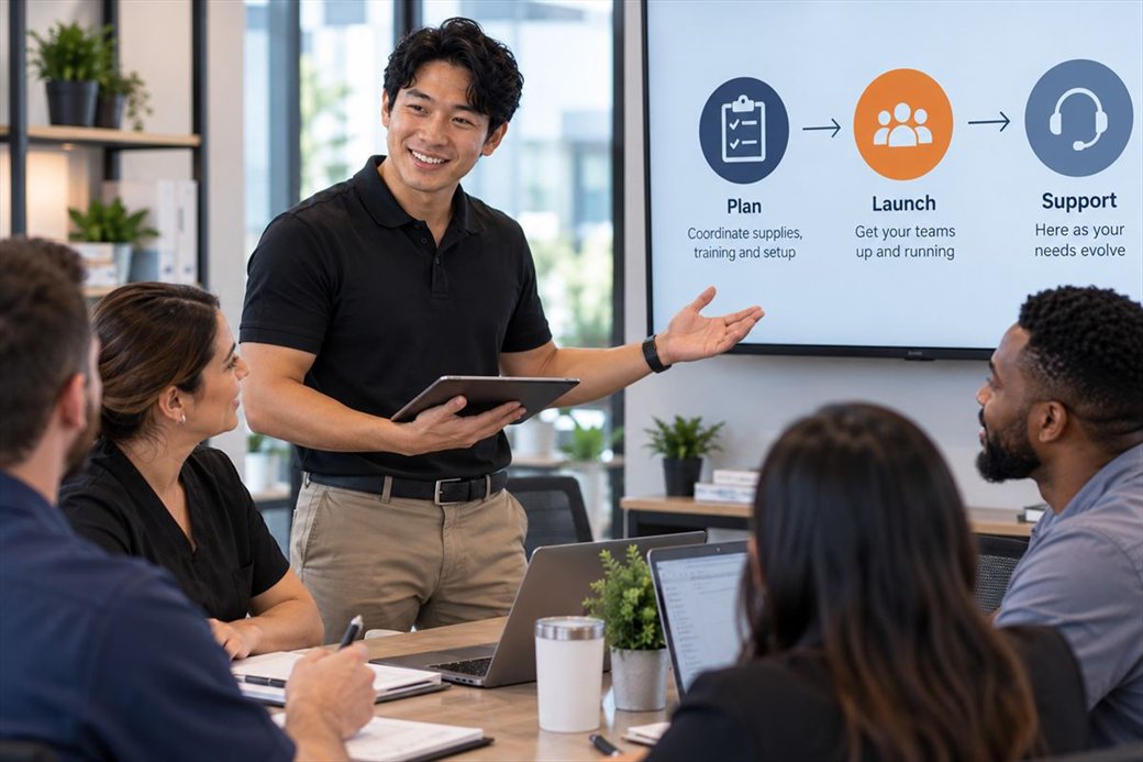 A facilitator presenting a Plan, Launch, Support roadmap to a team around a conference table.
