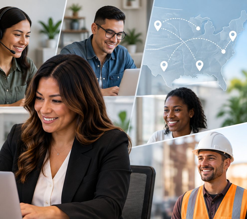 Smiling team members across warehouse, call center, office and construction roles, with a map of connected locations.